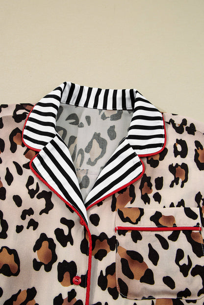 豹紋撞色條紋邊襯衫與褲子睡衣套裝