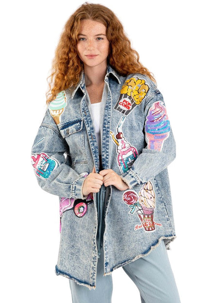 Acid Wash Denim Patches Shirt Jacket