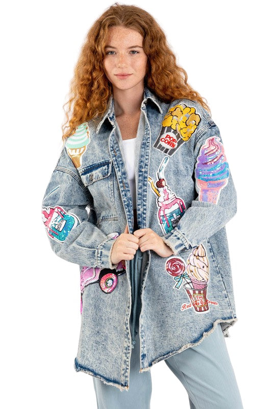 Acid Wash Denim Patches Shirt Jacket