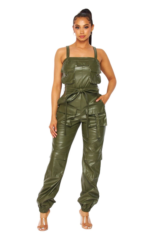 Vegan Leather Cargo Pocket Jogger Jumpsuit