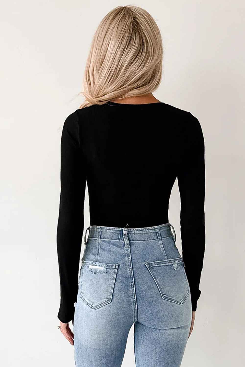 Dearlovers Black Ribbed Long Sleeve Crew Neck Solid Color Bodysuit