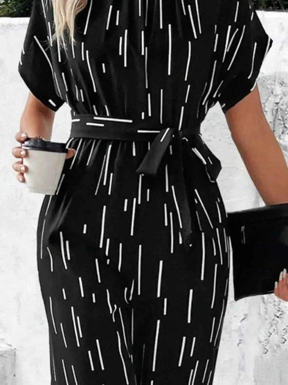 Tied Printed Mock Neck : Wide Leg Jumpsuit