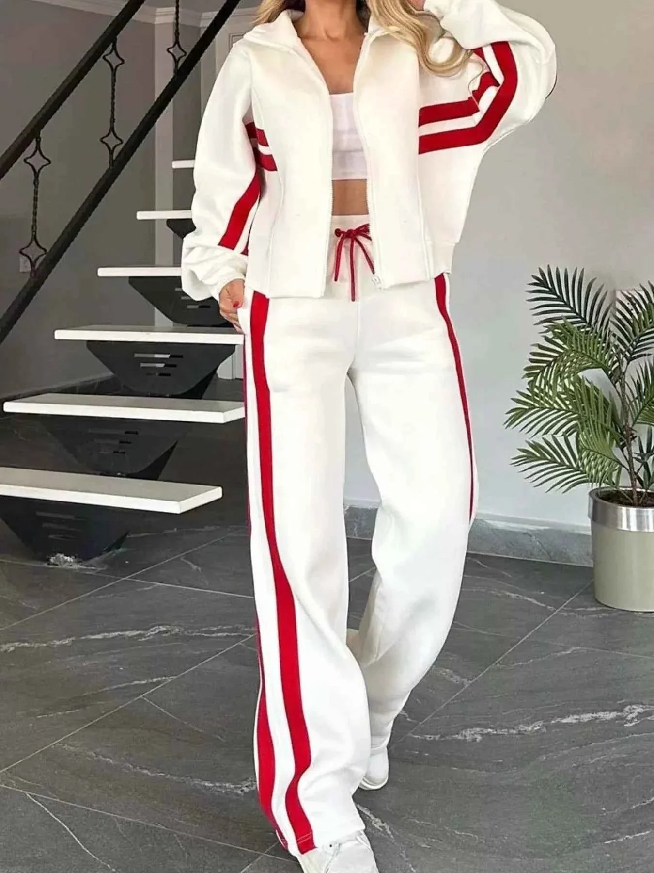 Full Size Contrast Stripe Zip Up Jacket and Pants Set Plus Size