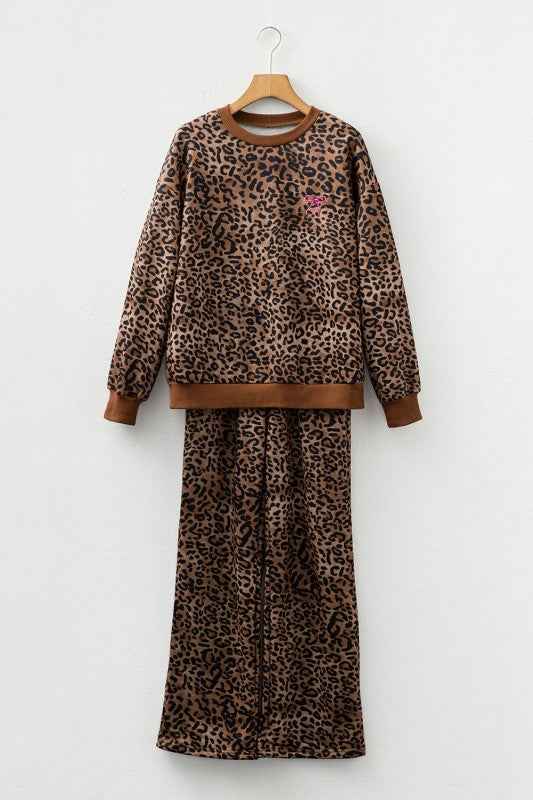 Leopard Contrast Trim Top and Pants Set