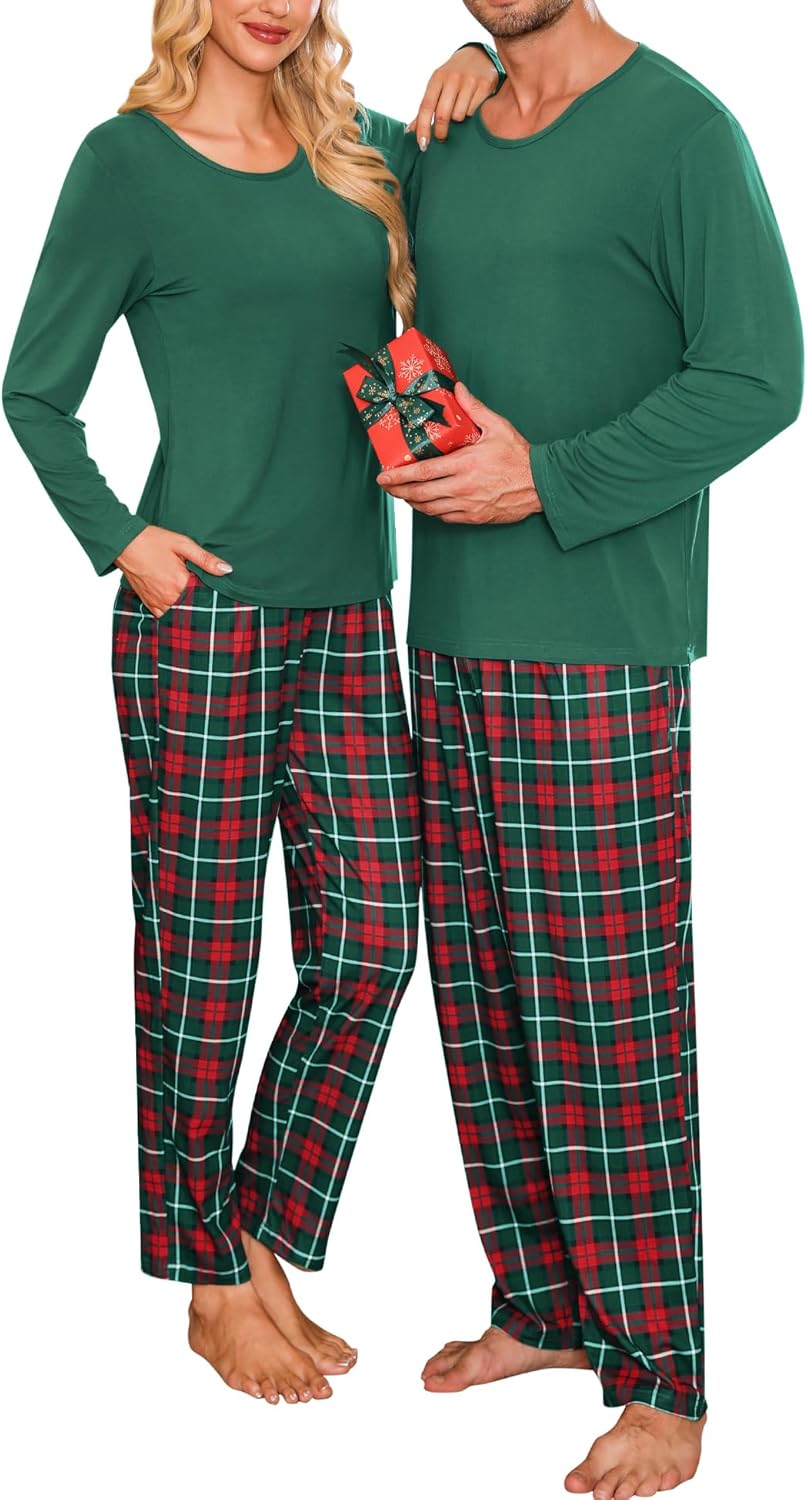 Conjuntos de pijama para parejas SWOMOG, para mujer y hombre, ropa de dormir de manga larga, top, pantalones a cuadros, conjunto de ropa de estar con bolsillos
