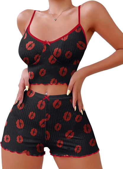 Hilinker 女士印花羅紋睡衣套裝，露臍吊帶背心和短褲，可愛睡衣套裝