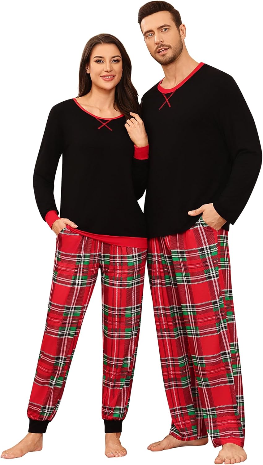 Conjuntos de pijama para parejas SWOMOG, para mujer y hombre, ropa de dormir de manga larga, top, pantalones a cuadros, conjunto de ropa de estar con bolsillos
