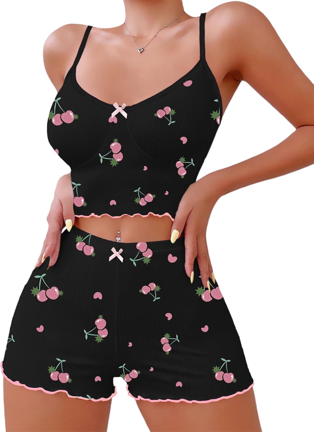 Hilinker 女士印花羅紋睡衣套裝，露臍吊帶背心和短褲，可愛睡衣套裝