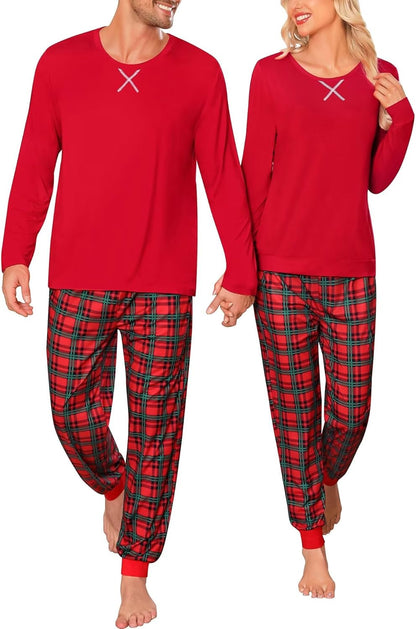 Conjuntos de pijama para parejas SWOMOG, para mujer y hombre, ropa de dormir de manga larga, top, pantalones a cuadros, conjunto de ropa de estar con bolsillos