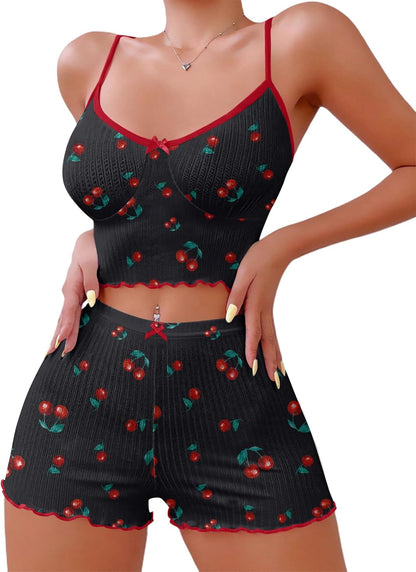 Hilinker 女士印花羅紋睡衣套裝，露臍吊帶背心和短褲，可愛睡衣套裝