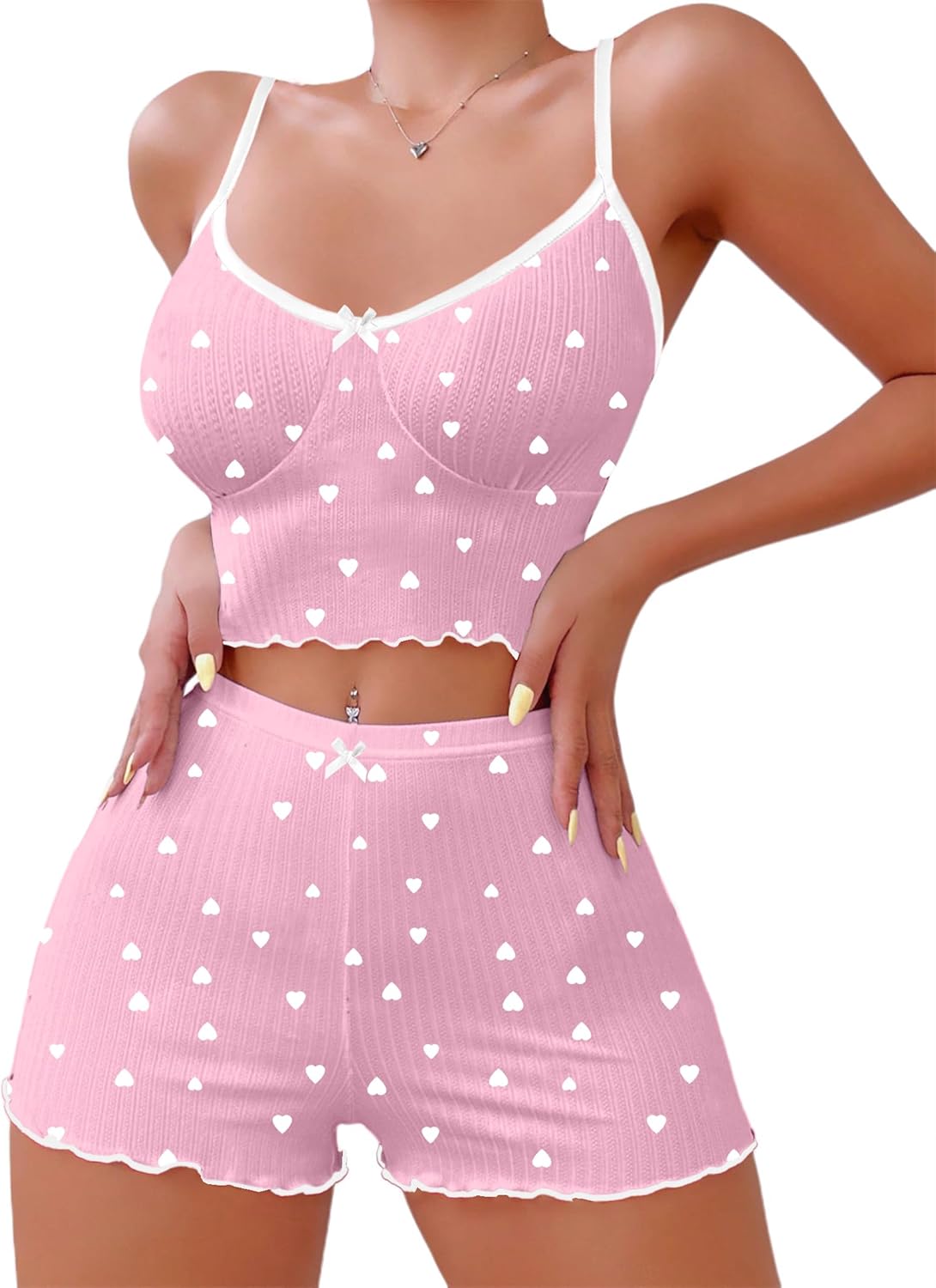 Hilinker 女士印花羅紋睡衣套裝，露臍吊帶背心和短褲，可愛睡衣套裝