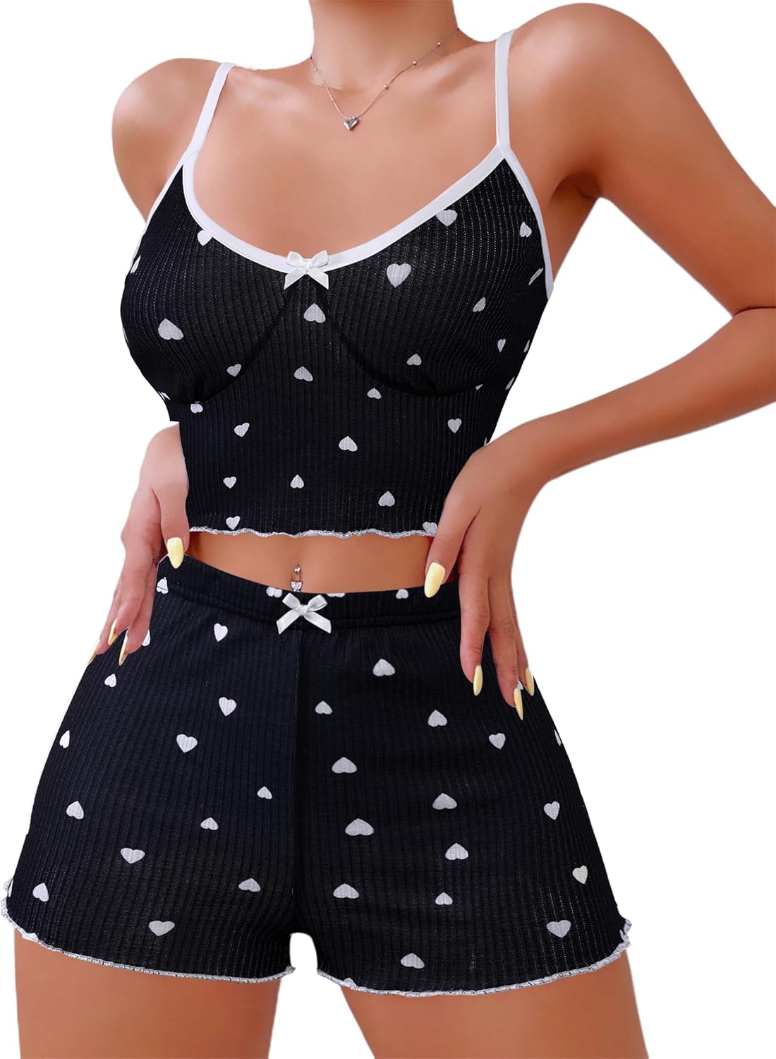 Hilinker 女士印花羅紋睡衣套裝，露臍吊帶背心和短褲，可愛睡衣套裝