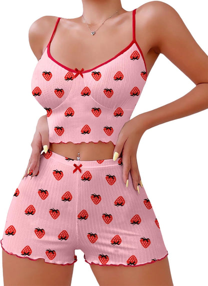 Hilinker 女士印花羅紋睡衣套裝，露臍吊帶背心和短褲，可愛睡衣套裝