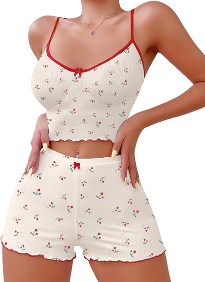 Hilinker 女士印花羅紋睡衣套裝，露臍吊帶背心和短褲，可愛睡衣套裝