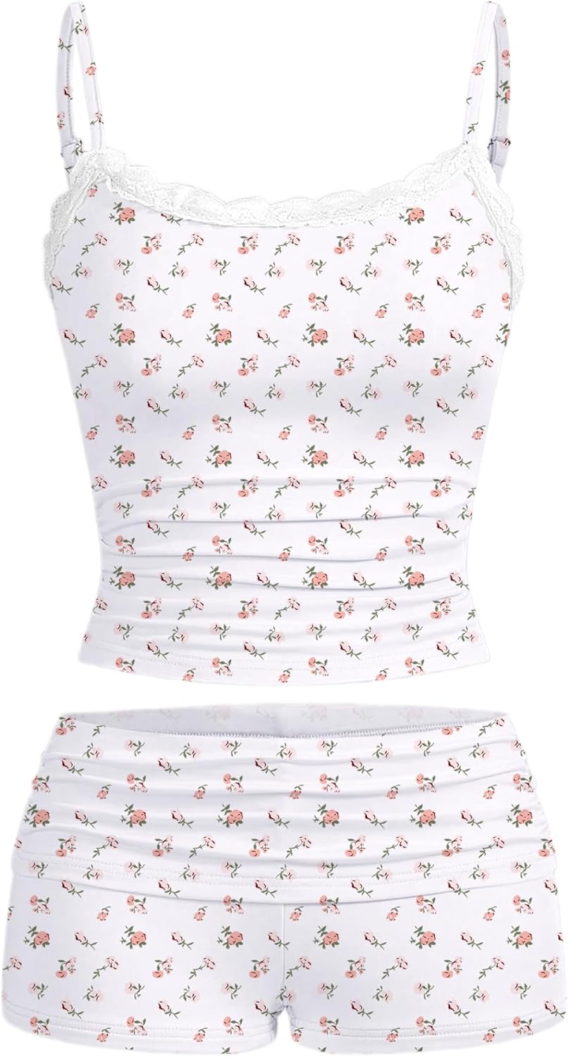 Hilinker 女士性感睡衣套裝，褶皺蕾絲吊帶背心和短褲，夏季可愛睡衣兩件套