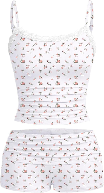 Hilinker 女士性感睡衣套裝，褶皺蕾絲吊帶背心和短褲，夏季可愛睡衣兩件套