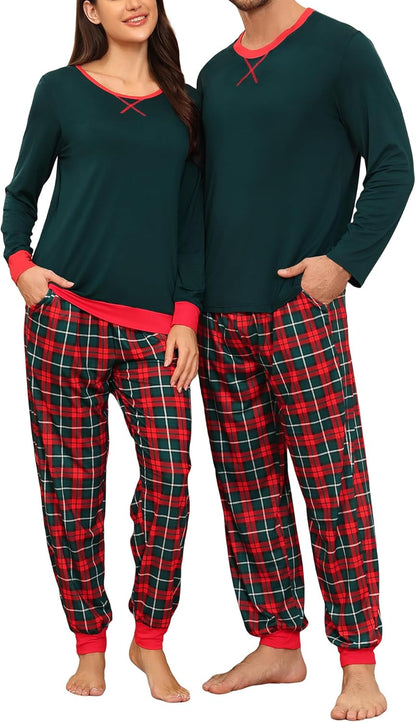 Conjuntos de pijama para parejas SWOMOG, para mujer y hombre, ropa de dormir de manga larga, top, pantalones a cuadros, conjunto de ropa de estar con bolsillos
