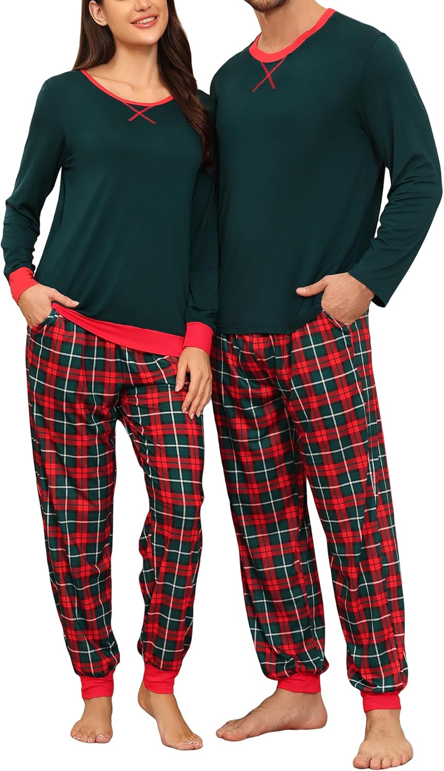 Conjuntos de pijama para parejas SWOMOG, para mujer y hombre, ropa de dormir de manga larga, top, pantalones a cuadros, conjunto de ropa de estar con bolsillos