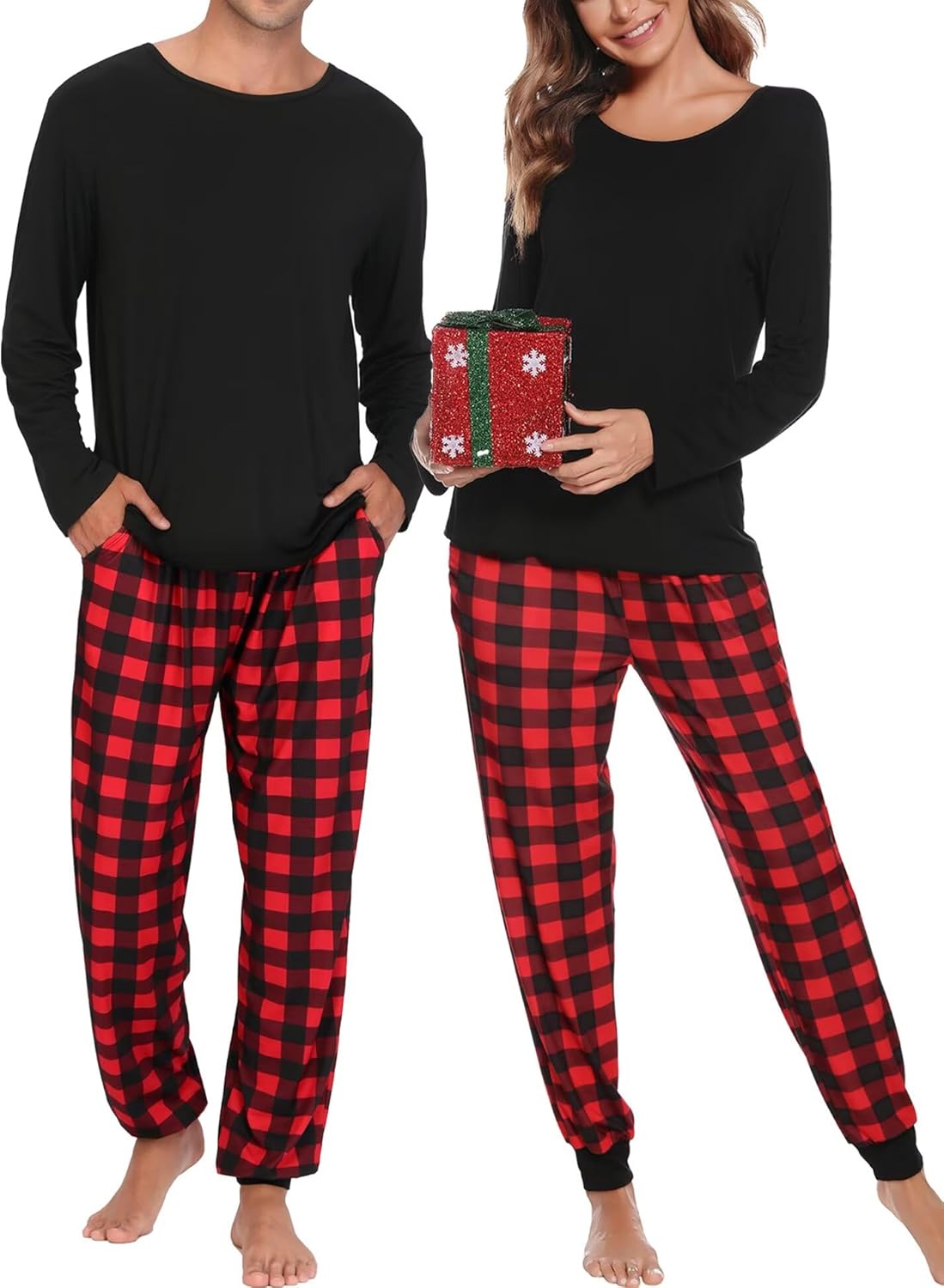 Conjuntos de pijama para parejas SWOMOG, para mujer y hombre, ropa de dormir de manga larga, top, pantalones a cuadros, conjunto de ropa de estar con bolsillos