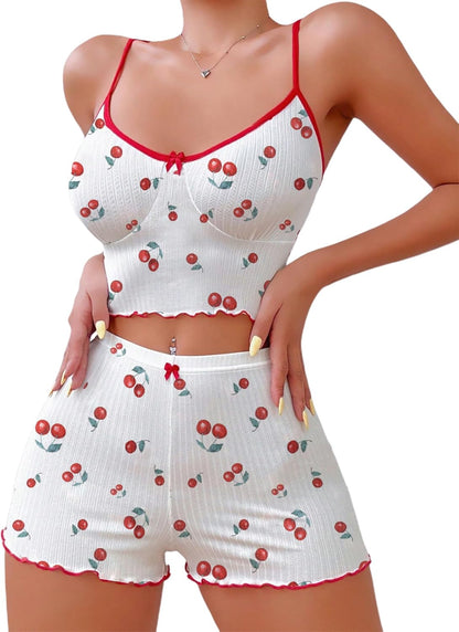 Hilinker 女士印花羅紋睡衣套裝，露臍吊帶背心和短褲，可愛睡衣套裝