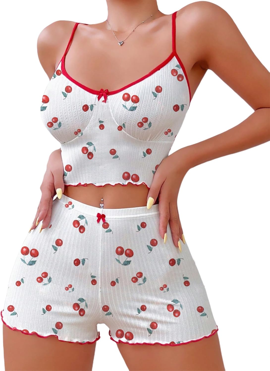 Hilinker 女士印花羅紋睡衣套裝，露臍吊帶背心和短褲，可愛睡衣套裝