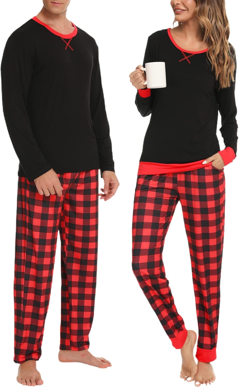 Conjuntos de pijama para parejas SWOMOG, para mujer y hombre, ropa de dormir de manga larga, top, pantalones a cuadros, conjunto de ropa de estar con bolsillos