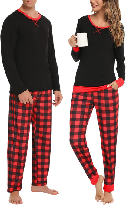Conjuntos de pijama para parejas SWOMOG, para mujer y hombre, ropa de dormir de manga larga, top, pantalones a cuadros, conjunto de ropa de estar con bolsillos