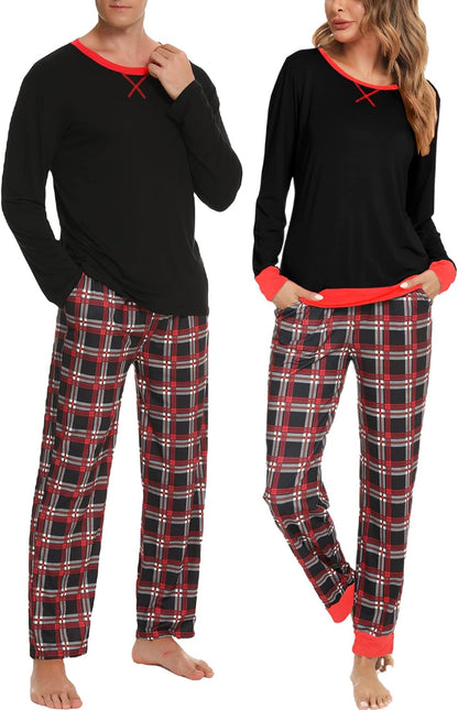 Conjuntos de pijama para parejas SWOMOG, para mujer y hombre, ropa de dormir de manga larga, top, pantalones a cuadros, conjunto de ropa de estar con bolsillos