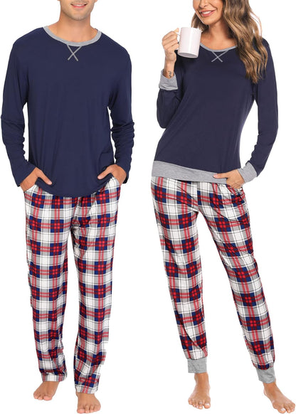 Conjuntos de pijama para parejas SWOMOG, para mujer y hombre, ropa de dormir de manga larga, top, pantalones a cuadros, conjunto de ropa de estar con bolsillos