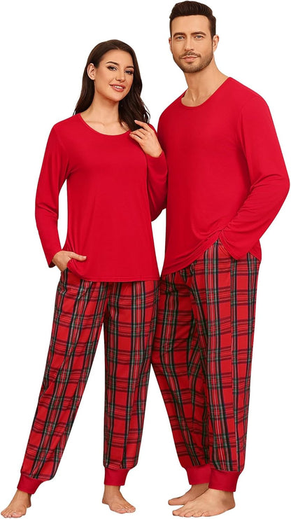 Conjuntos de pijama para parejas SWOMOG, para mujer y hombre, ropa de dormir de manga larga, top, pantalones a cuadros, conjunto de ropa de estar con bolsillos