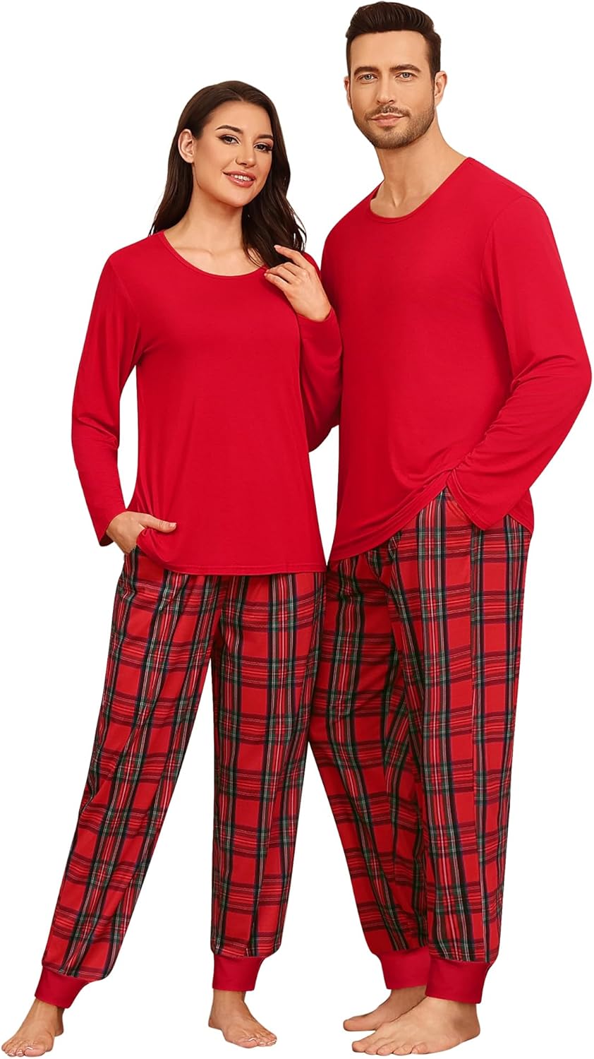 Conjuntos de pijama para parejas SWOMOG, para mujer y hombre, ropa de dormir de manga larga, top, pantalones a cuadros, conjunto de ropa de estar con bolsillos