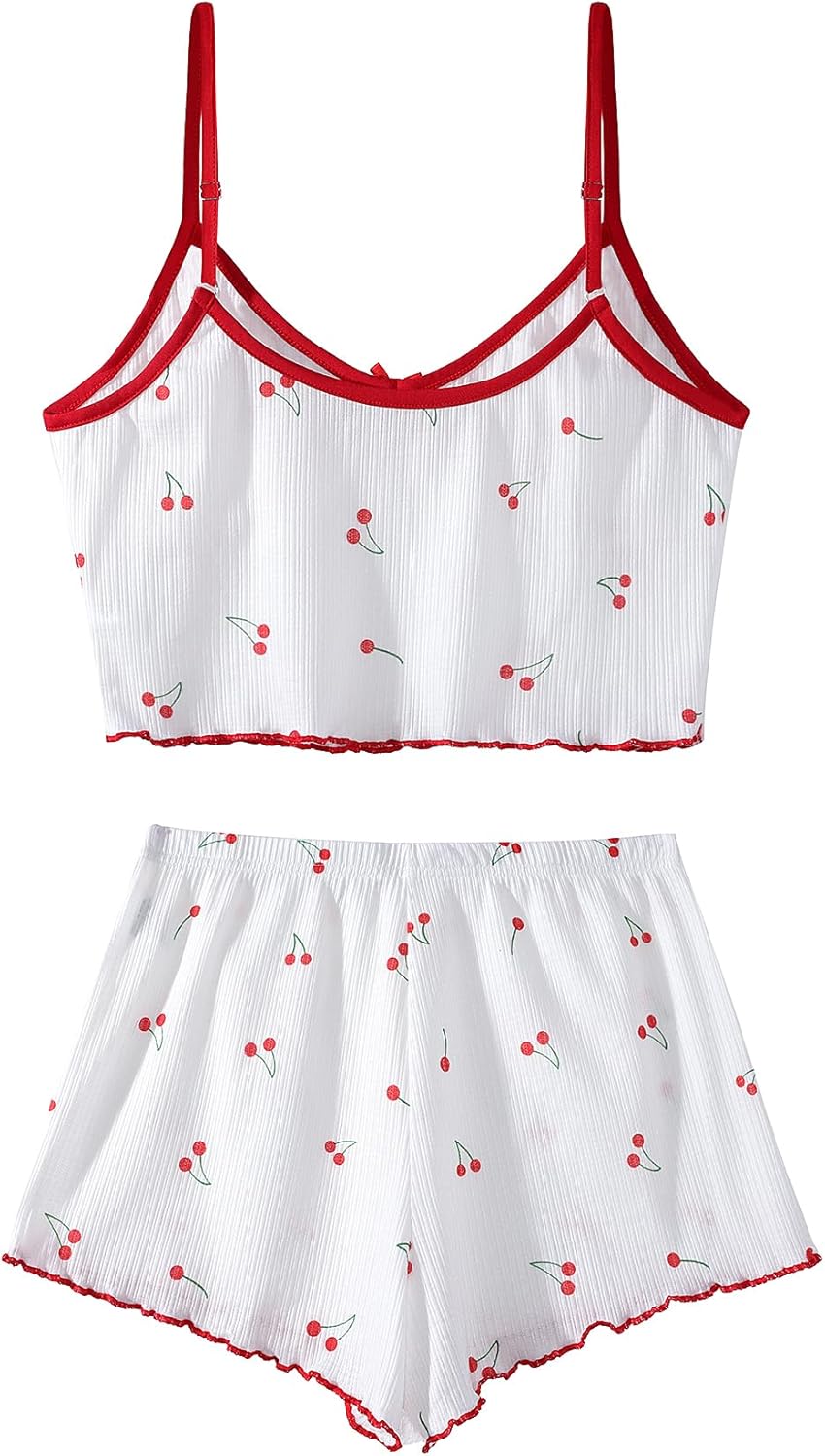 Hilinker 女士印花羅紋睡衣套裝，露臍吊帶背心和短褲，可愛睡衣套裝