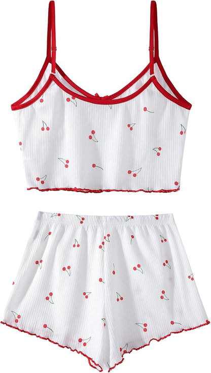 Hilinker 女士印花羅紋睡衣套裝，露臍吊帶背心和短褲，可愛睡衣套裝