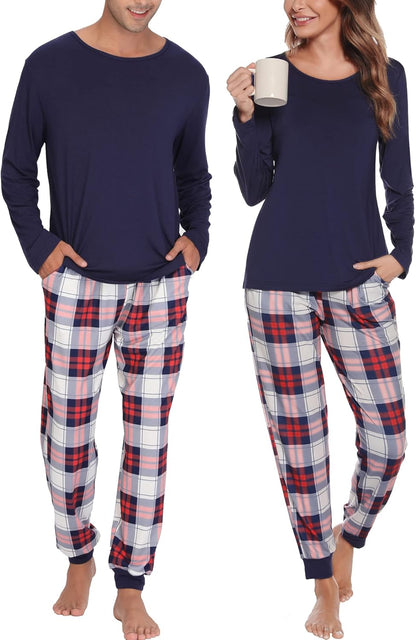 Conjuntos de pijama para parejas SWOMOG, para mujer y hombre, ropa de dormir de manga larga, top, pantalones a cuadros, conjunto de ropa de estar con bolsillos