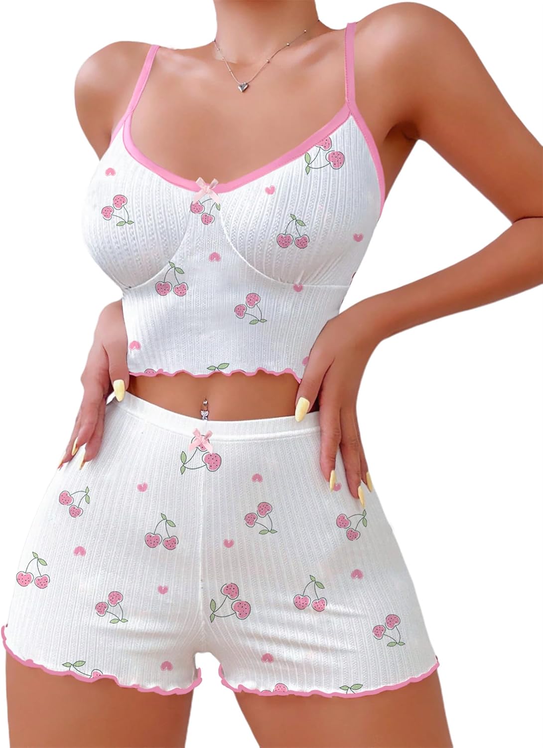 Hilinker 女士印花羅紋睡衣套裝，露臍吊帶背心和短褲，可愛睡衣套裝