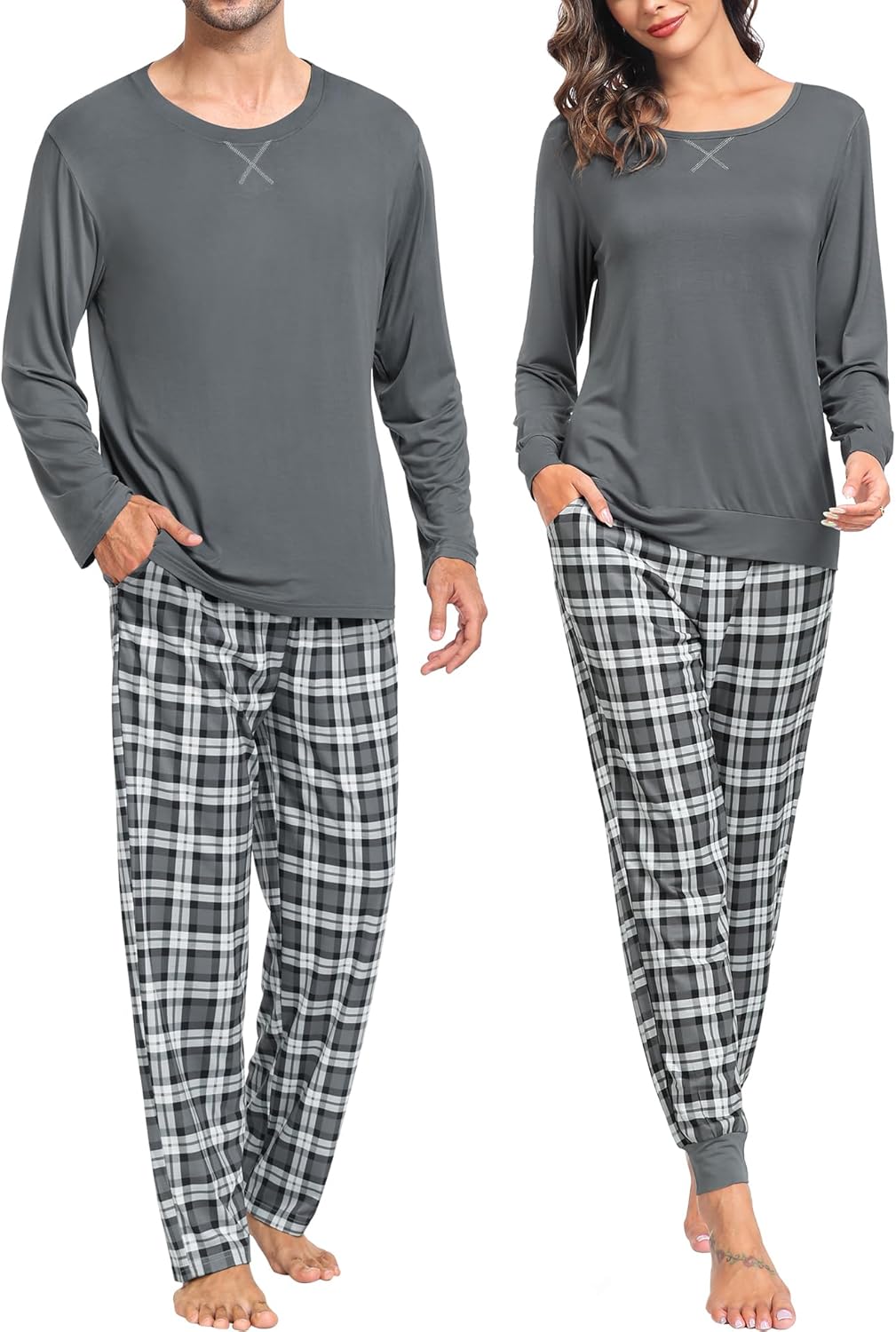 Conjuntos de pijama para parejas SWOMOG, para mujer y hombre, ropa de dormir de manga larga, top, pantalones a cuadros, conjunto de ropa de estar con bolsillos