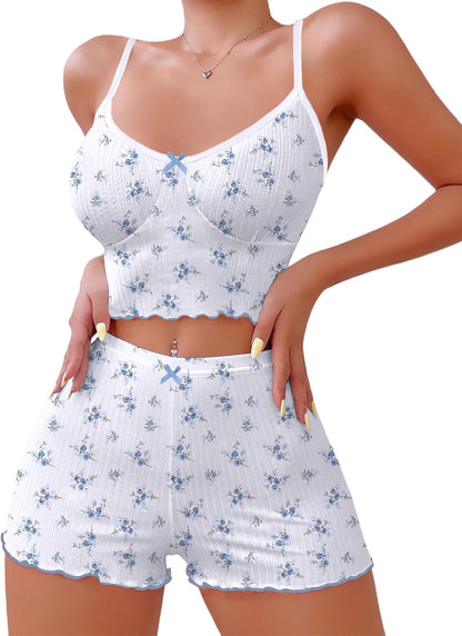 Hilinker 女士印花羅紋睡衣套裝，露臍吊帶背心和短褲，可愛睡衣套裝
