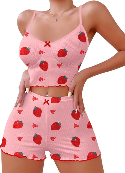 Hilinker 女士印花羅紋睡衣套裝，露臍吊帶背心和短褲，可愛睡衣套裝