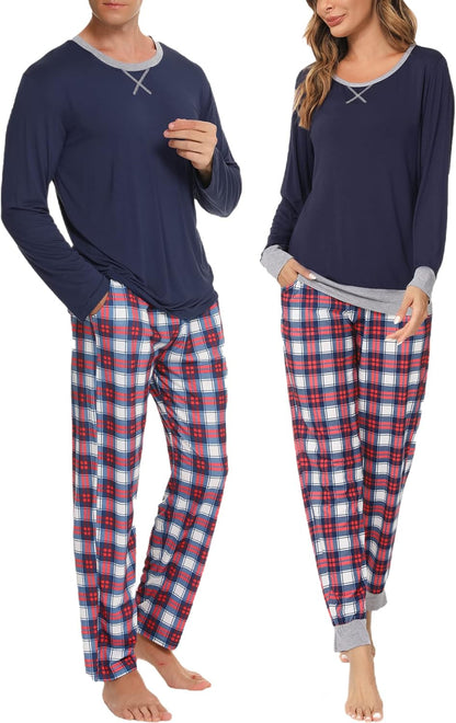 Conjuntos de pijama para parejas SWOMOG, para mujer y hombre, ropa de dormir de manga larga, top, pantalones a cuadros, conjunto de ropa de estar con bolsillos