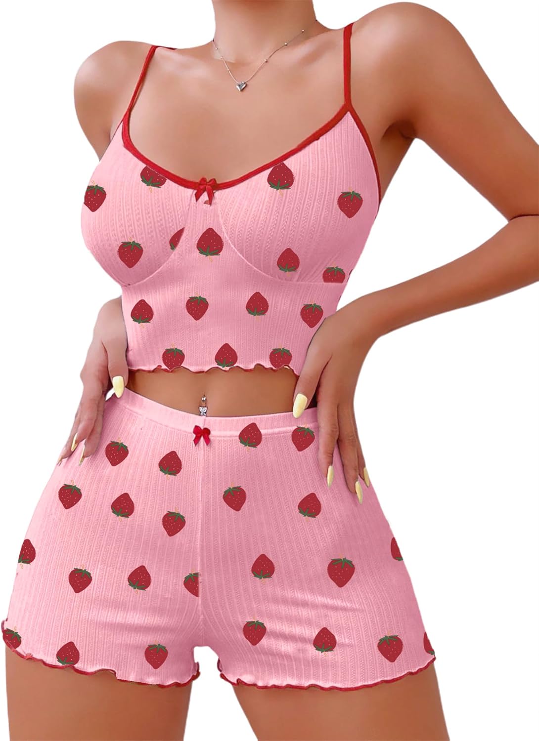 Hilinker 女士印花羅紋睡衣套裝，露臍吊帶背心和短褲，可愛睡衣套裝