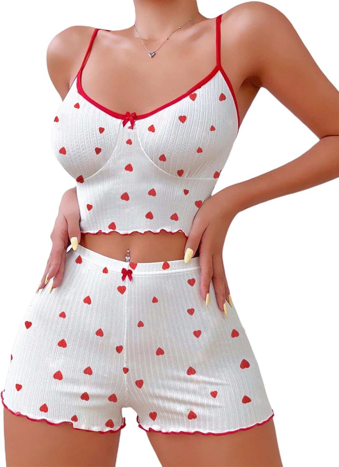 Hilinker 女士印花羅紋睡衣套裝，露臍吊帶背心和短褲，可愛睡衣套裝