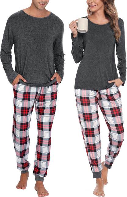 Conjuntos de pijama para parejas SWOMOG, para mujer y hombre, ropa de dormir de manga larga, top, pantalones a cuadros, conjunto de ropa de estar con bolsillos