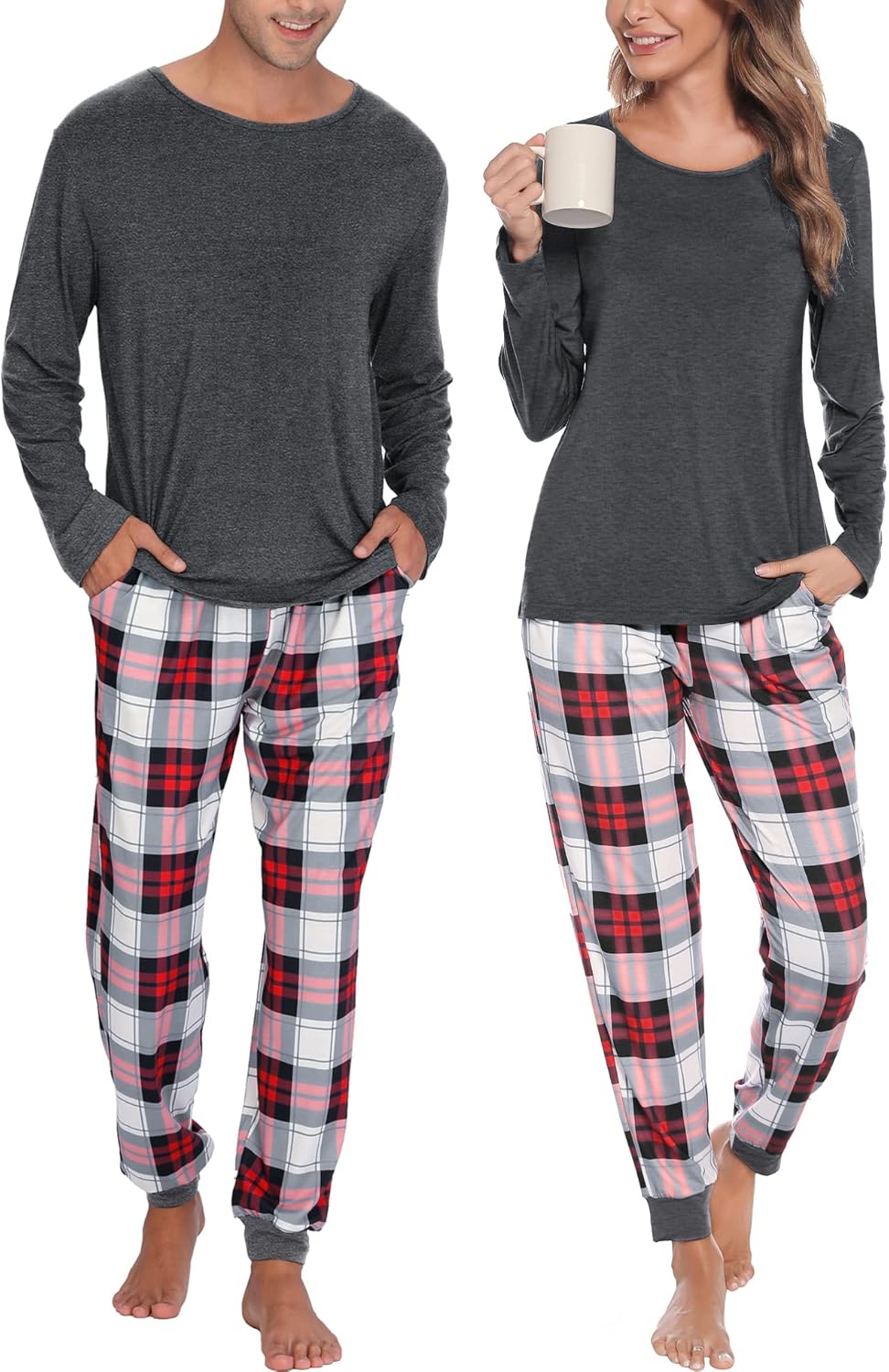 Conjuntos de pijama para parejas SWOMOG, para mujer y hombre, ropa de dormir de manga larga, top, pantalones a cuadros, conjunto de ropa de estar con bolsillos