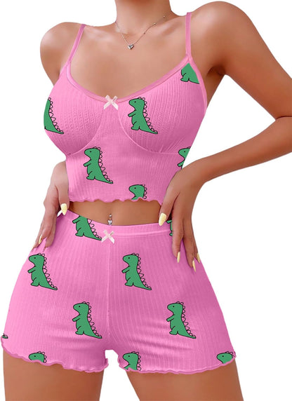 Hilinker 女士印花羅紋睡衣套裝，露臍吊帶背心和短褲，可愛睡衣套裝