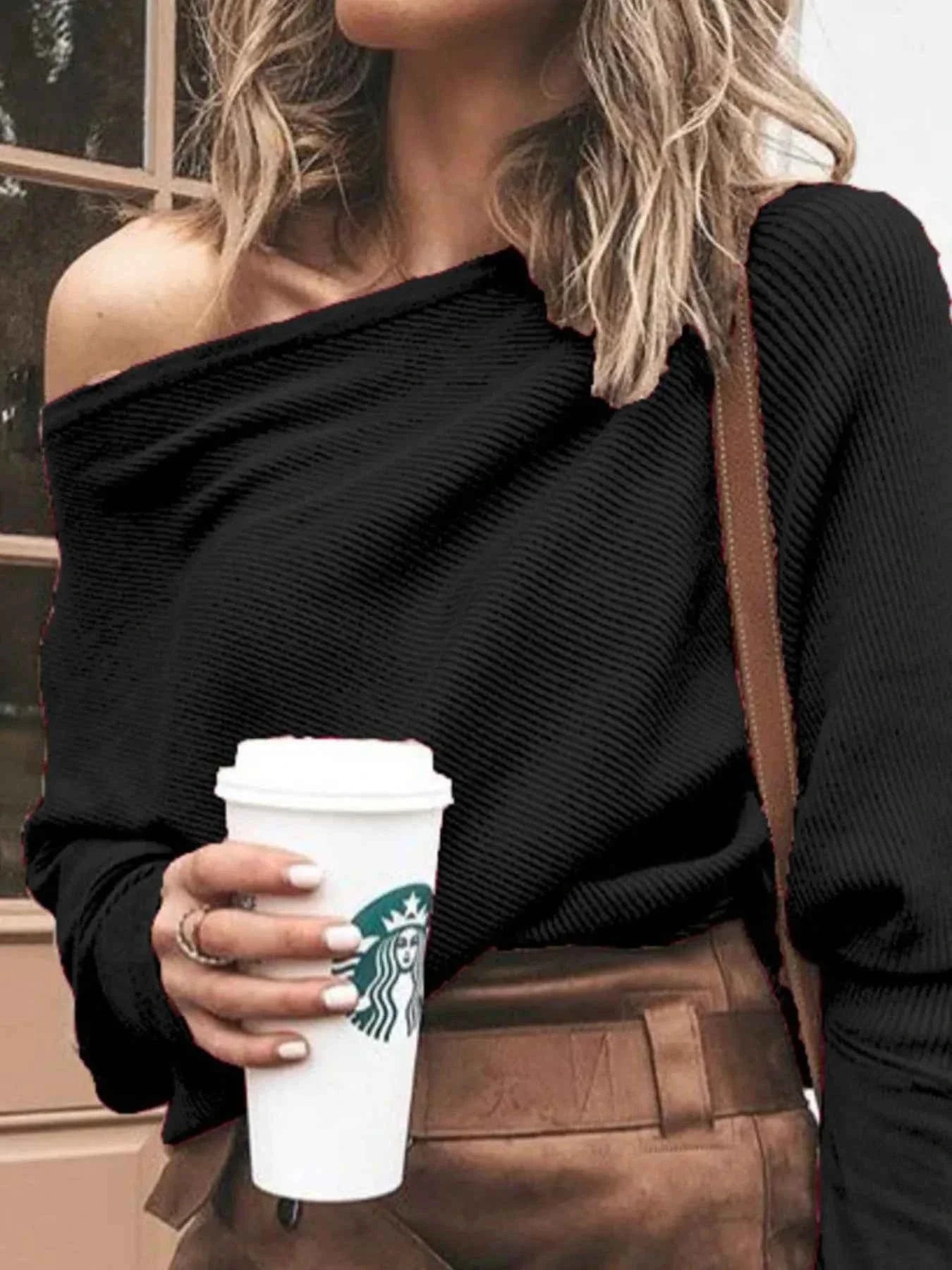 Full Size One-Shoulder Ribbed Sweater Plus Size