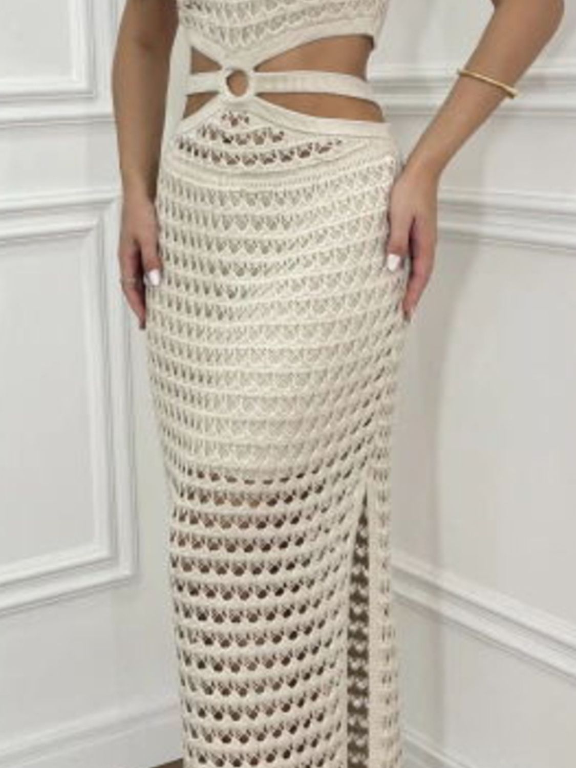 鏤空開衩圓領毛衣洋裝