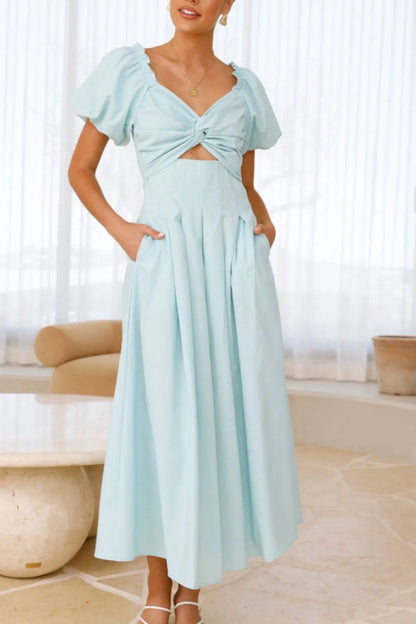 甜美寧靜泡泡袖中長連身裙