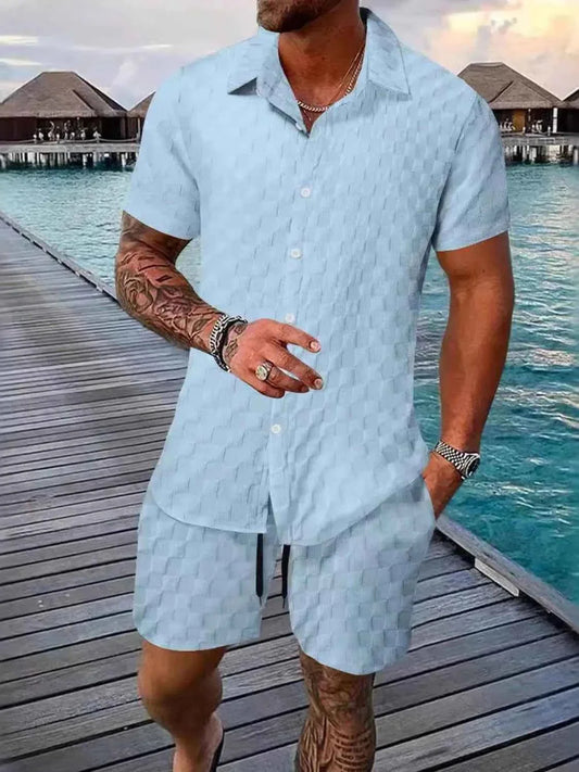 Men's Full Size Collared Neck Short Sleeve Top and Shorts Set Plus Size