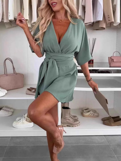 Full Size Surplice Tie Waist Romper Plus Size