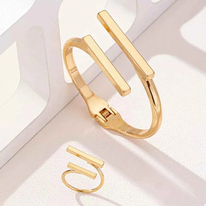 Adjustable 18K Gold-Plated Modern Bar Bracelet and Ring Jewelry Set